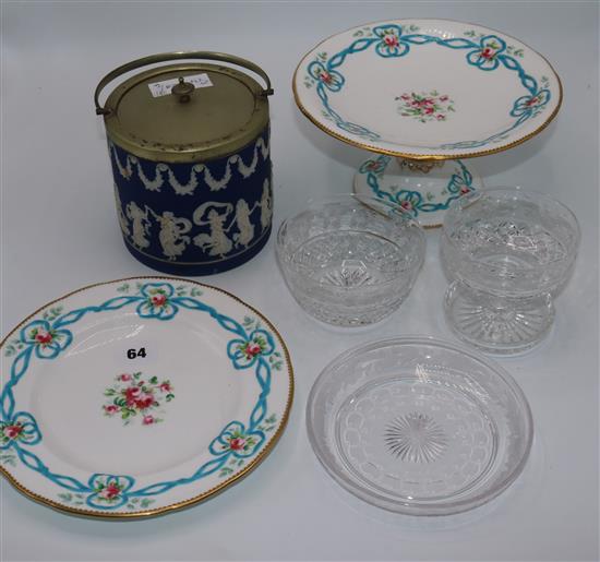 Wedgwood biscuit box, part dessert set & varous glass